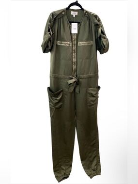 New Military Utility Cargo Belted Parachute By Tezza Jumpsuit Womens M Olive NWT